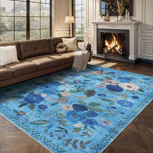 Floral Washable 6x9 Area Rugs, Soft Bedroom Rug for Living Room Ultra-Thin Non Slip Dining Room Rug, Stain Resistant Rugs Easy Clean Throw Carpet for Office(6 x 9, Blue Lawn)
