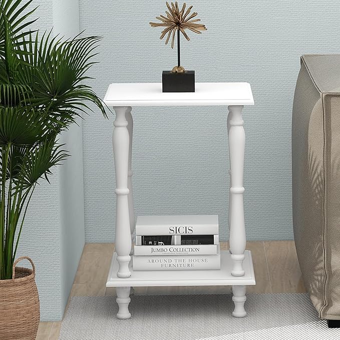 TaoHFE European Style End Tables Living Room White Square Sofa End Table 2-Tier Wooden End Side Table with Open Shelf Retro Vintage 24 Inch Bed Side Table for Bedroom Small Space, White