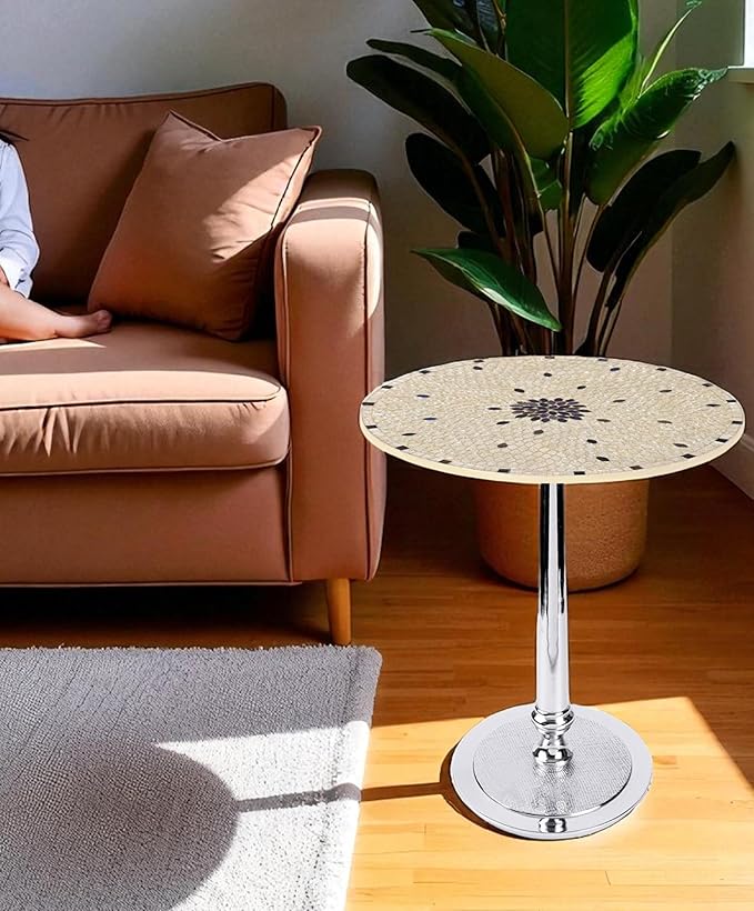 CLEENTABLE Mosaic Round End Table - Modern Coffee Accent Table with Artistic Top, Electroplated Silver Legs - Lightweight, Durable, Easy Assembly 15 x 21 Inches (Ivory Silver)
