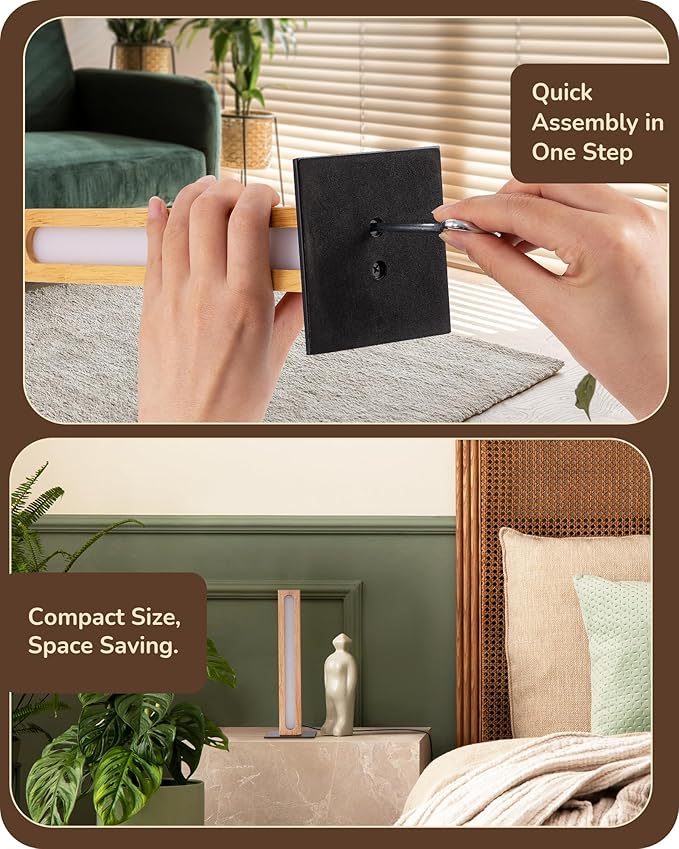 EDISHINE LED Wood Table Lamp, 3-Color Temperature Minimalist Bedside Lamp, Stepless Dimmable & Memory Function, Touch Switch, Square Nightstand Lamp for Bedroom, Living Room, One-Step Installation