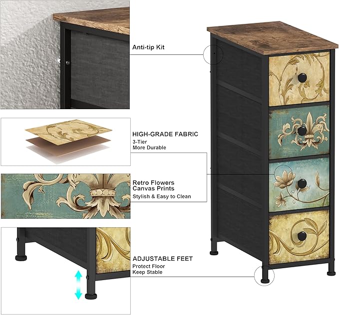 Tohomeor Narrow Storage Dresser Slim Dresser with Retro Flowers Fabric Drawers Vertical Skinny Cabinet for Small Spaces,Bathroom,Bedroom Closet Nightstand,Entryway Organizer (Retro Flower, 4 Drawers)