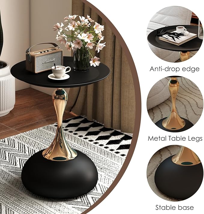 Metal Round End Table,Modern Pedestal Table,Corner Drink Tables,Accent Side Table Nightstand for Living Room,Patio and bar (Matte Black)
