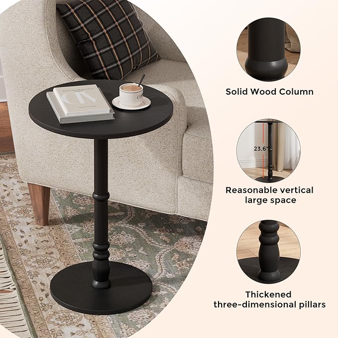 Round Side Table, Solid Wood Pillar, Large 15.7" Top, Small Accent Table for Living Room, Bedroom, Sofa, Entryway & Office, Easy Assembly, Black
