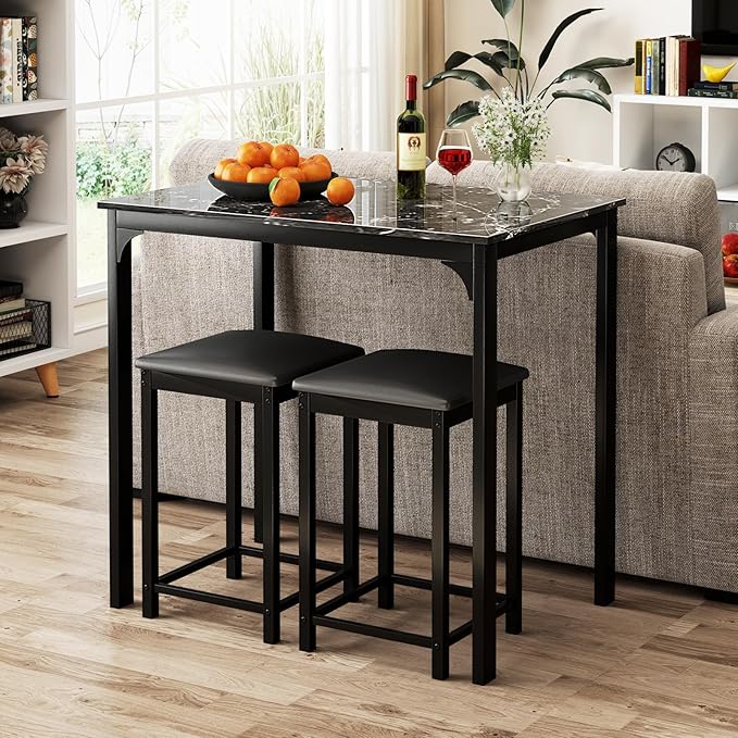 Giantex Dining Table Set for 2, Counter Height Bar Table with Faux Marble Pattern Tabletop, 2 Padded Bar Stools, Footrests, Metal Frame, Dinette Set for Kitchen Small Space Breakfast Nook Pub, Black