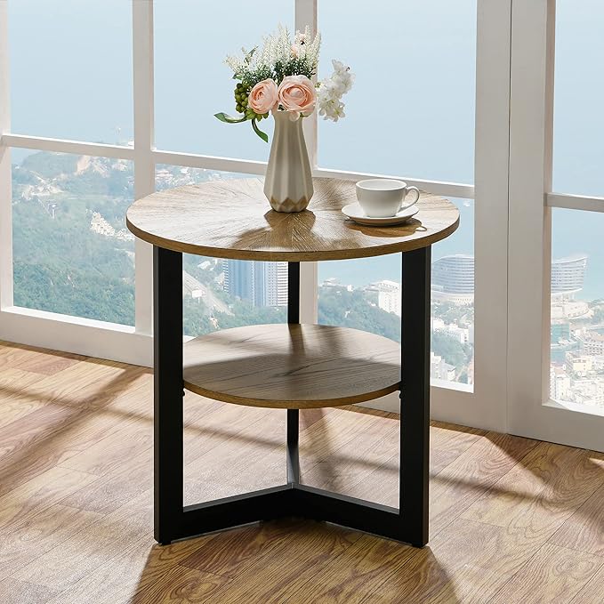 MODERION Round Large End Table with 2 tire Storage Shelf, 25.2” Solid Wood Sofa Side Table with Black Metal Frame, Beside Table for Living Room,Small Space Rustic Natural CJZ1338