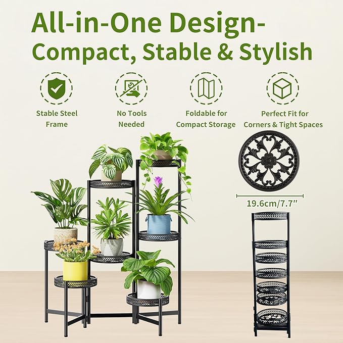 7 Tier Large Metal Plant Stand Indoor Outdoor with 7.9 Inch Wide Tray, Tiered Corner Plant Stand, Flower Display Holder Shelf, Folding Tall Rack for Patio Porch Balcony Living Room Garden - BlackWave