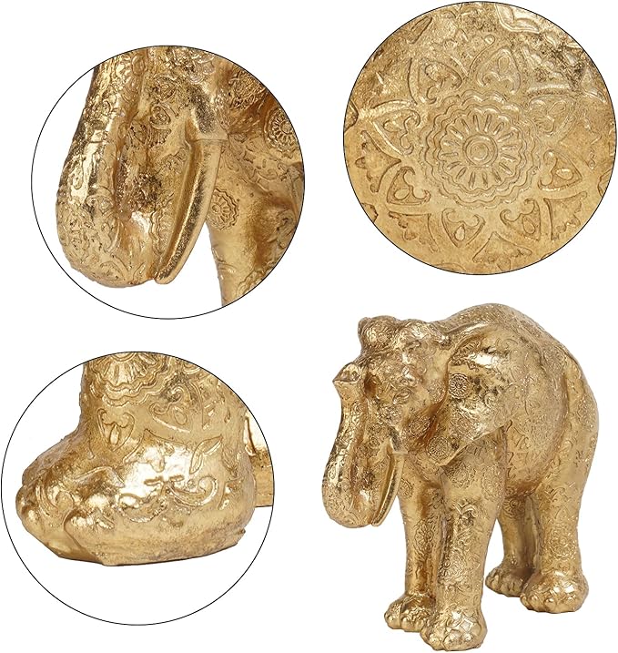 Guichifun Elephant Statues Home Décor Collectible Figurines - Gold Resin Boho Elephant Decoration Handmade Brings Good Luck Health for Living Room Shelf Office Gifts for Women 7.25 x 3.25 x 5.75 Inch