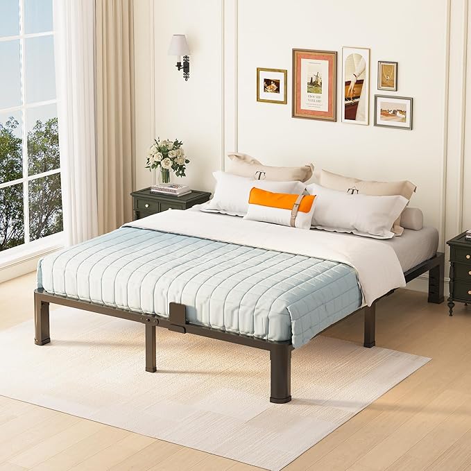 10 inch Queen Bed Frame with Round Corner Legs and Headboard Hole Mattress Slide Stopper Low Profile Heavy Duty Metal Platform,Steel Slats Support,No Box Spring Needed,Easy Assembly,Noise Free