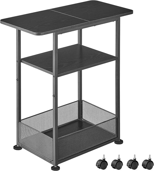 Side Table with Wheels, Narrow Side Table with 3-Layer Storage Shelves, Slim Nightstand, Metal Frame, for Small Spaces, Living Room, Bedroom, 23.6" D x 11.8" W x 25.2" H, Black