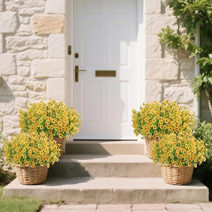 12 Bundles Artificial Flowers for Outdoors Indoor Fall Flowers Home Decoration, Fake Mums Silk Yellow Flower Plant for Outside, Realistic Plastic Flower UV Resistant Faux Mums for Garden Autumn Decor