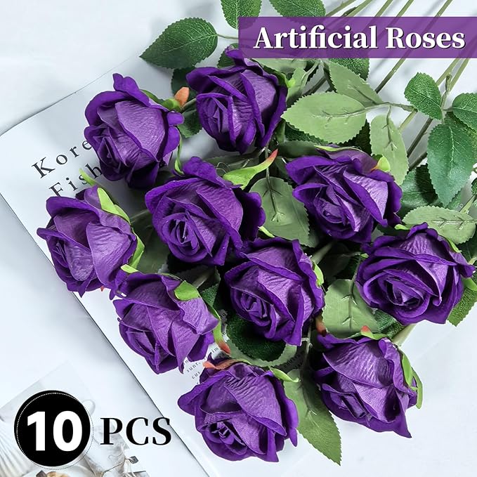 10 PCS Artificial Roses with Long Stems Silk Flowers Realistic Foam Flowers Fake Roses for Valentine's Day Home Wedding Halloween Decor(Dark Purple)