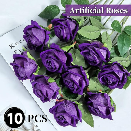 10 PCS Artificial Roses with Long Stems Silk Flowers Realistic Foam Flowers Fake Roses for Valentine's Day Home Wedding Halloween Decor(Dark Purple)