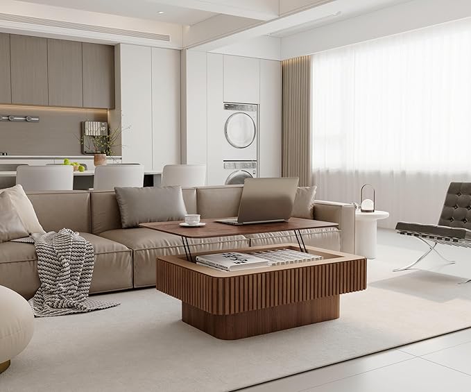 38.6'' Lift Top Fluted Coffee Table with Hidden Compartment, Modern Rectangular Wooden Center Table Cocktail Tea Table with Storage and Adjustable Height for Living Room Apartment, Walnut