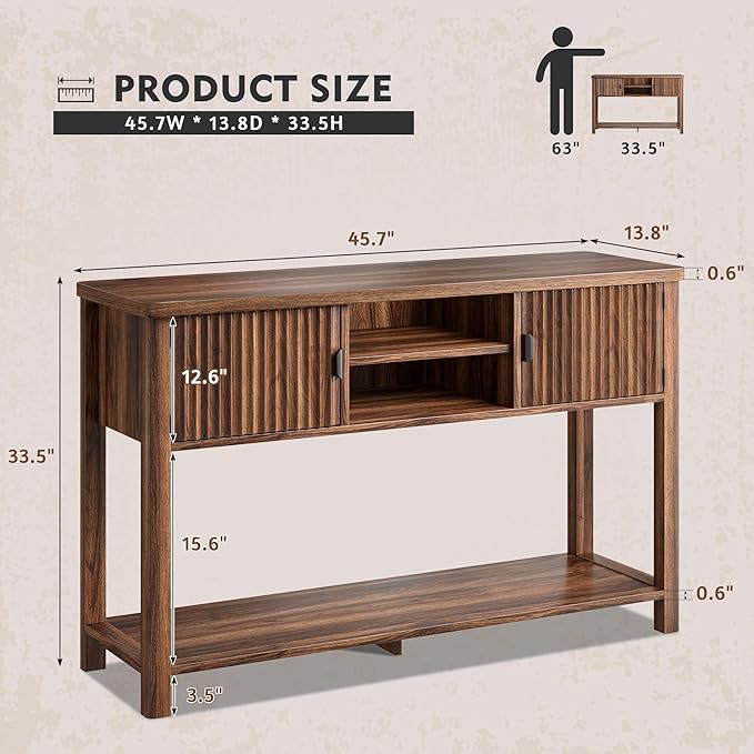 Fluted Console Table with 2 Door Cabinets, Modern Entryway Table with 3 Open Storage Shelves, Narrow Behind Couch Sofa Table for Living Room, Hallway, Foyer, 45.7" W×13.8" D×33.5" H, Walnut Brown