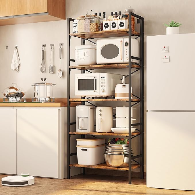 Folding Bookshelf,5 Tier Bookcase Foldable Shelf with X-Bracket Design, Adjustable Feet, Space Saving Storage for Living Room, Office, Rustic Brown