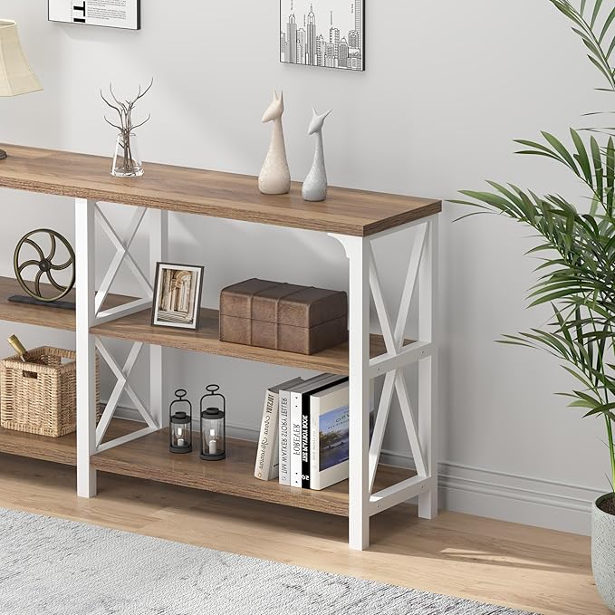 IBF Industrial Console Table, Wood and Metal Entryway Table with Shelves, Farmhouse White and Rustic Oak 3 Tier Sofa Tables for Living Room, Entry, Hallway 63 Inch