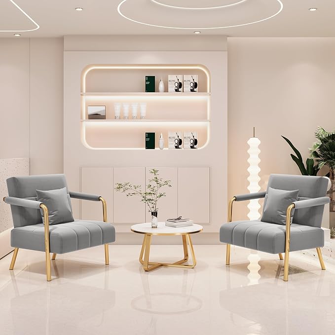 Yaheetech 30" W Accent Chair Velvet Oversized Armchair Living Room Chair with Golden Frame & Cozy Pillow for Living Room, Bedroom, Office Light Gray