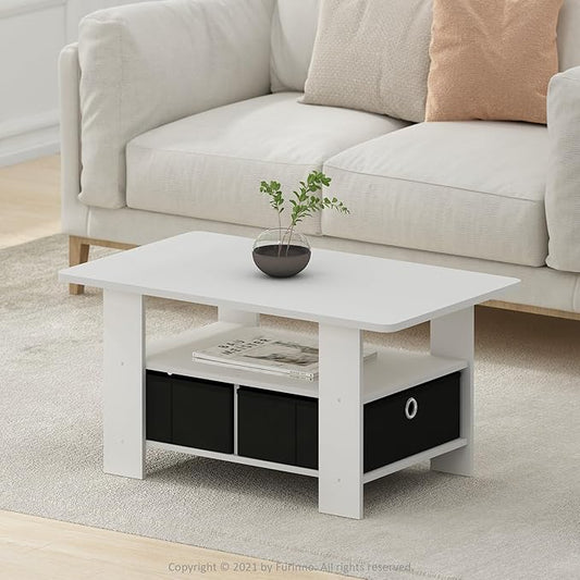 Furinno Andrey Coffee Table, Small Modern Coffee Table with Storage and Bin Drawer, Side Table for Living Room, Bedroom, Home Office, White