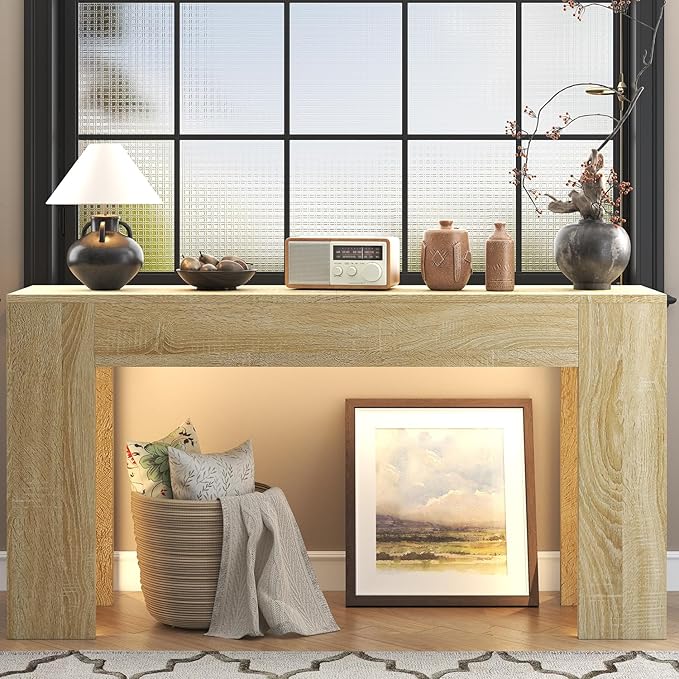 63-Inch Long Console Table with LED Light, Farmhouse Sofa Table Behind Couch, Wooden Console Table for Entryway Hallway Entrance Living Room, Nature