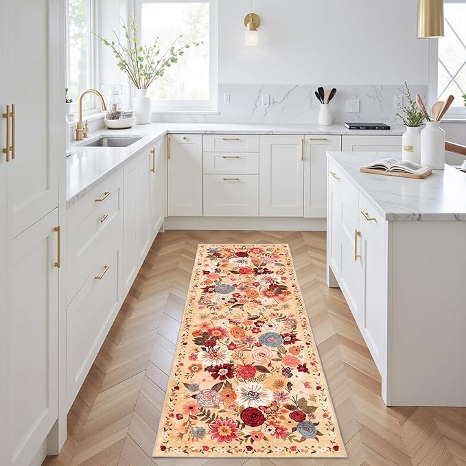Rug for Hallways Kitchen Rug 2x6, Non Slip Washable Rugs with Rubber Backing Soft Floral Carpet Runner for Hallways, Kitchen, Laundry, Bedroom, Bathroom(Yellow Garden, 2 x 6)