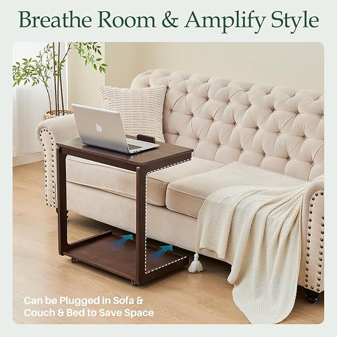 C Shaped Rolling End Table with Wheels - Solid Wood Side Table for Couch, Wooden Modern Tv Tray Bedside Tables for Sofa Armchair Living Room Bedroom, Brown, 15.4 in x 23.6 in x 24.8 in