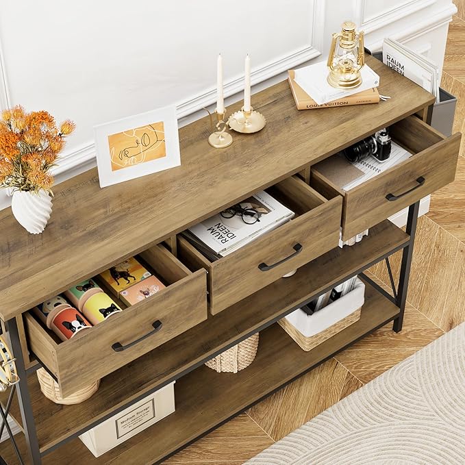 HITHOS 47.2" Console Table with 3 Drawers, Industrial Long Entryway Foyer Table with 3-Tier Storage Shelves, Narrow Sofa Hallway Table for Living Room, Entry Way, Kitchen, Rustic Brown