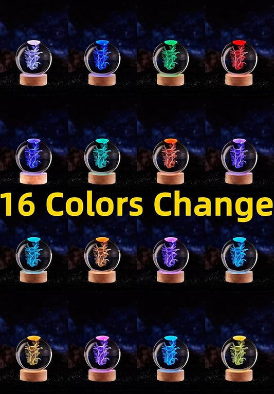 Axolotl Crystal Ball Lamp with LED Wooden Base, 16 Colors Change & Remote Control Crystal Ball Night Light, Upgraded 3.15 Inch Glass Light, Gift for Kids Wife Girlfriend (Axolotl B)