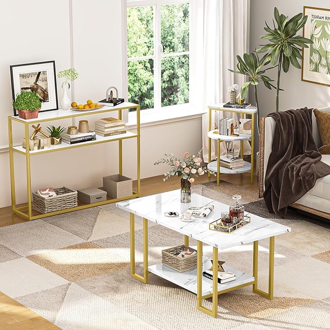 AWQM 3 Pieces Modern Coffee Set, with End Table and Console Table, Contemporary Faux Marble Living Room Table Sets, White&Gold