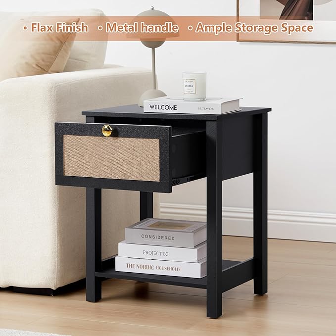 Wood Nightstand, 21.65" H End Table with Flax Finish, Modern Night Stands with Drawer, Farmhouse Bedside Table for Bedroom Living Room (Black)