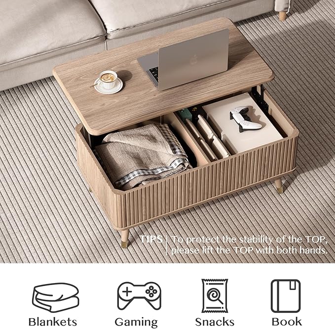 Lift Top Coffee Table with Storage Shelf & Hidden Compartment, Mid Century Modern Fluted Rectangle Dining Table for Living Room, Home Office, Natural Oak