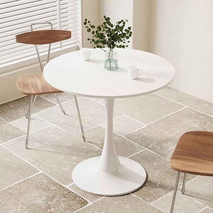 Round Dining Table, Modern Tulip Table, 31.5'' Mid-Century Round Leisure Table with Metal Base for 2-4 Person, Suitable for Living Room, Kitchen, Cafe and Home Office(White Wood Grain, 31.5 in)