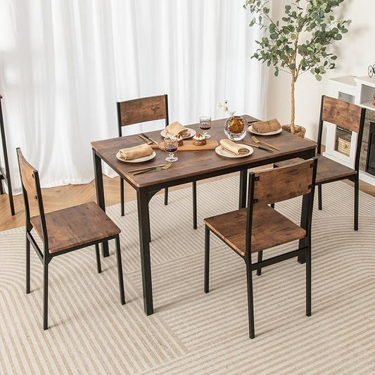 GOFLAME 5-Piece Dining Table Set, Industrial Kitchen Table and Chairs for 4 with Backrest and Metal Frame, Rectangular Space-Saving Dinette Set for Dining Room, Apartment, Small Space, Rustic Brown