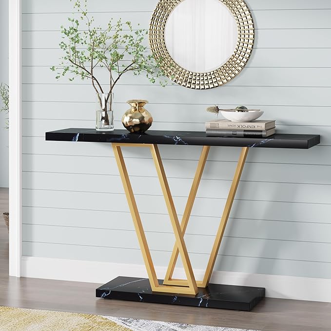 VANOMi Black Faux Marble Entryway Table, Modern Sofa & Console Table Narrow Side Table for Living Room, Entryway, Black
