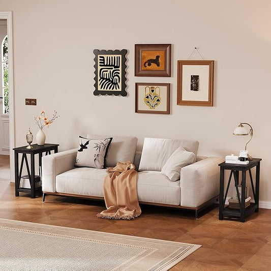 ChooChoo Farmhouse End Table Set of 2, Rustic Vintage Narrow End Side Table with Storage Shelf for Small Spaces, Nightstand Sofa Table for Living Room, Bedroom Black