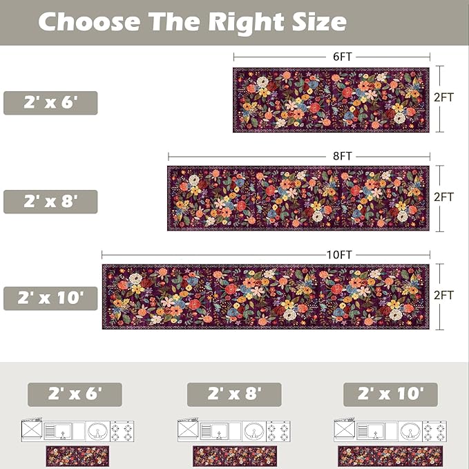 Rug for Hallways Kitchen Rug 2x6, Non Slip Washable Rugs with Rubber Backing Soft Floral Carpet Runner for Hallways, Kitchen, Laundry, Bedroom, Bathroom (2 x 6, Purple Lawn)