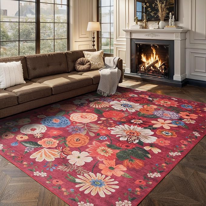 Living Room Rugs, Area Rugs 5x8 Rug for Bedroom Ultra-Thin Soft, Non-Slip Washable Rugs Stain Resistant Boho Rug Low-Pile Throw Rug for ‎Dining Room Office (5 x 8, Red Garden)