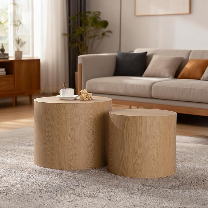 Nesting Round Coffee Table Set of 2, Small Circle Accent End Table for Small Spaces, Morden Drum Side Table, Wooden Center Table for Living Room, Fully Assembled - Natural