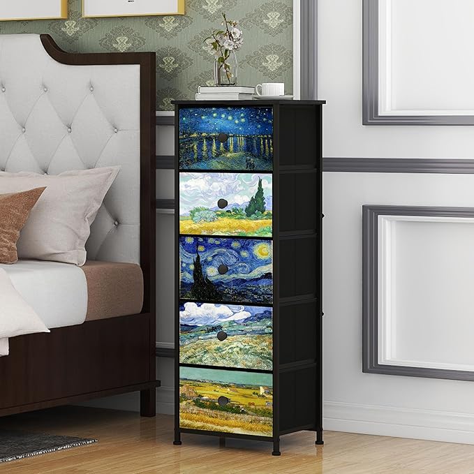 Dresser with 5 Drawers Narrow Tall Nightstand Van Gogh Dresser for Bedroom Fabric Drawer Organizer Unit for Living Room Entryway Hallway Closet Sturdy Steel Frame Wooden Top