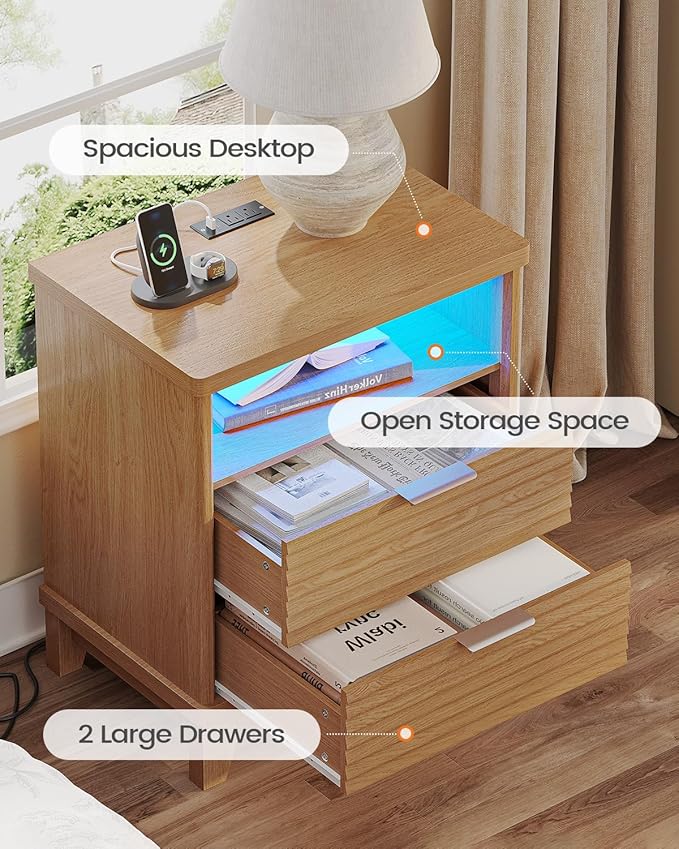 AOGLLATI Fluted Nightstand with Charging Station and 2 Drawers, Wood Nightstand, Beside Table with Open Storage and Led Lights, Retro End Side Table for Bedroom, Wood