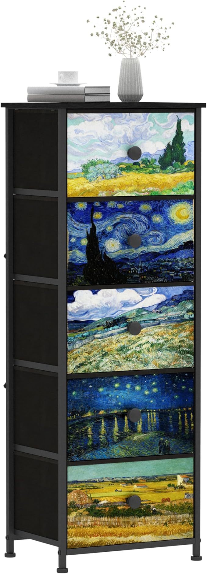 Dresser with 5 Drawers Narrow Tall Nightstand Van Gogh Dresser for Bedroom Fabric Drawer Organizer Unit for Living Room Entryway Hallway Closet Sturdy Steel Frame Wooden Top