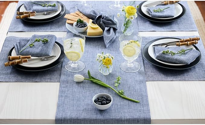 Solino Home Linen Short Table Runner 60 Inches - Athena, 100% Pure Linen Chambray Indigo Table Runner 14 x 60 Inch Ideal for Dresser and Coffee Tables - Christmas, Holiday