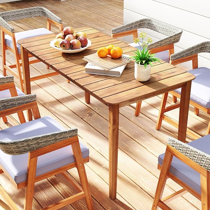 Tangkula Rectangular Outdoor Dining Table, 4-6 People Large Acacia Wood Patio Table with Slatted Tabletop, Indoor Outdoor Farmhouse Bistro Table for Yard, Garden, Poolside, Deck