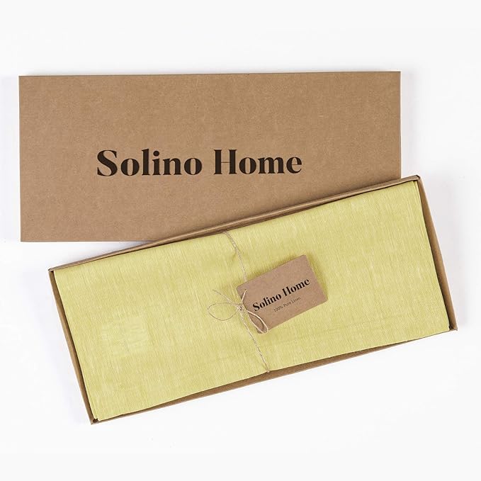 Solino Home Linen Table Runner 144 Inches Long - Athena, 100% Pure Linen Chambray Yellow Dining Table Runner 14 x 144 Inch