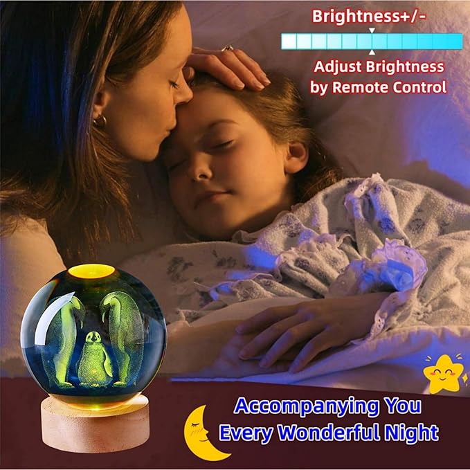 Penguin Crystal Ball Lamp with LED Wooden Base, 16 Colors Change & Remote Control Crystal Ball Night Light, Upgraded 3.15 Inch Glass Light, Gift for Kids Wife Girlfriend (Penguin)