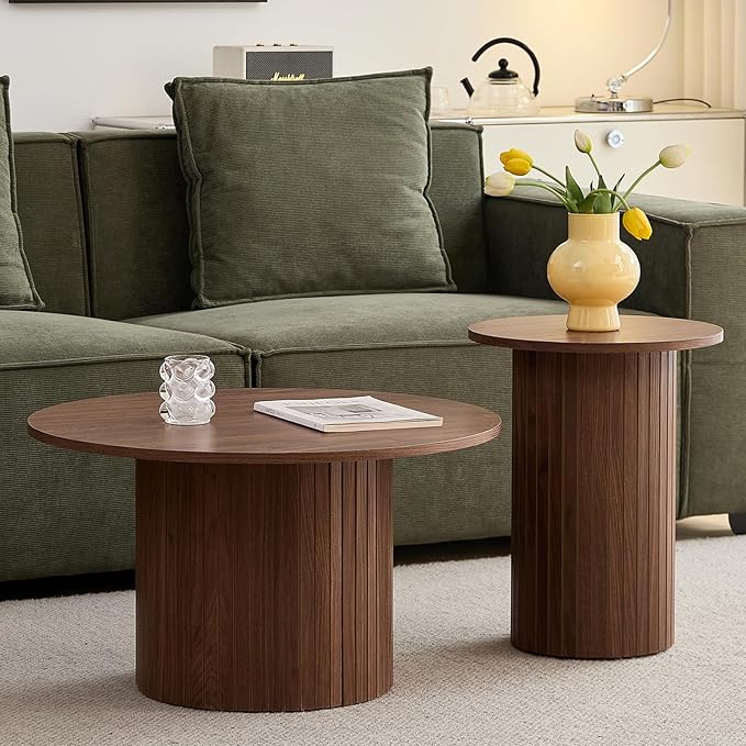 Small Nesting Table Set of 2 Mid Century Modern Wood Round Coffee Tables Boho Circle Side Table for Small Spaces Living Room Comedor Home Office(Walnut)