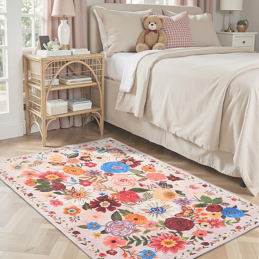 Area Rug 4x6 Rug Washable Boho Rugs Non Slip Low Pile Floral Small Carpet for Bedroom, Bedside, Kids Room, Office, Dining Room(Beige/Pink Garden, 4 x 6)