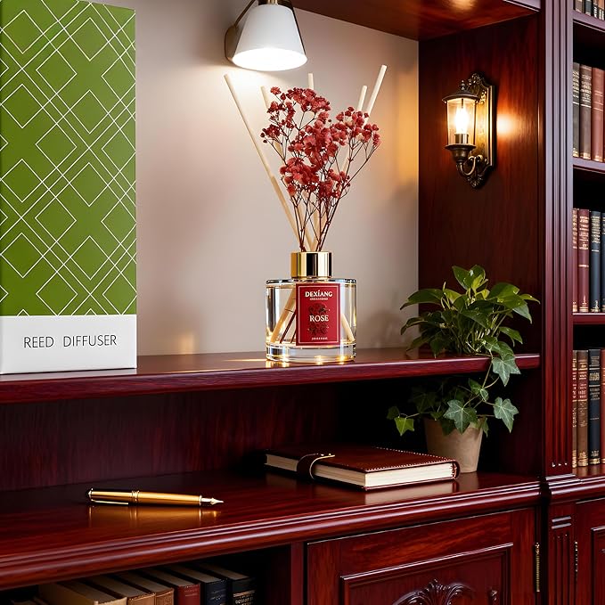 Reed Diffuser Set - 3.38 fl oz （100ml） Rose Home Fragrance Reed Diffuser for Bathroom Shelf Decor 6 Reed Stick