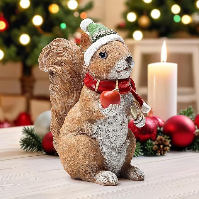 Christmas Squirrel Statue for Home Decor, Ideal for Holiday Cheer, Christmas Figurine Indoor for Shelf Mantel Winter Table Centerpiece, Birthday Gift for Women
