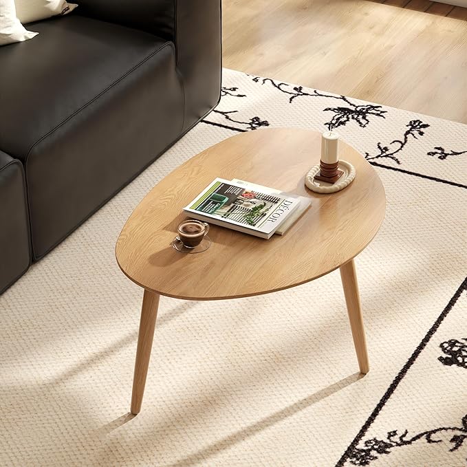 Small Oval Coffee Table, 25.6" Mid Century Modern End Table for Living Room, 100% Solid Oak Wood Center Table, Side Table (Original Wood Color, 25.59''Wx17.51''Dx19.68''H)