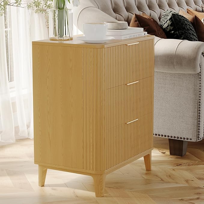 3 Drawer Fluted Dresser for Bedroom, Modern Closet Dressers Chest of Drawers, 23.6" Rustic Wood Nightstand 3-Drawer Dresser Bedside Table, Curved End Table with 3 Large Drawers for Living Room Natural
